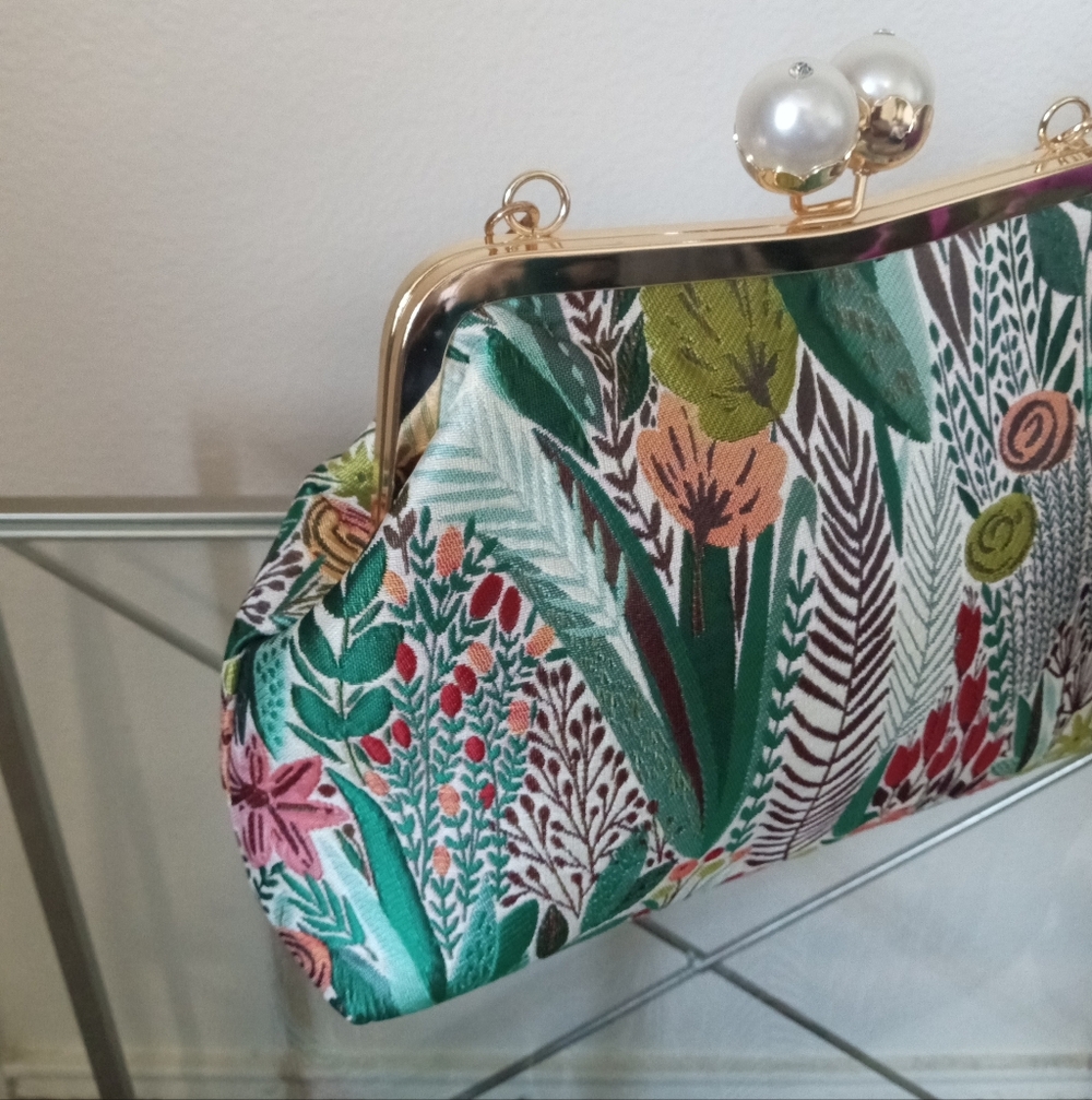 Floral Embroidered Kisslock Pearl Clutch Handbag Vintage Style Women's Purse - Picture 5 of 8